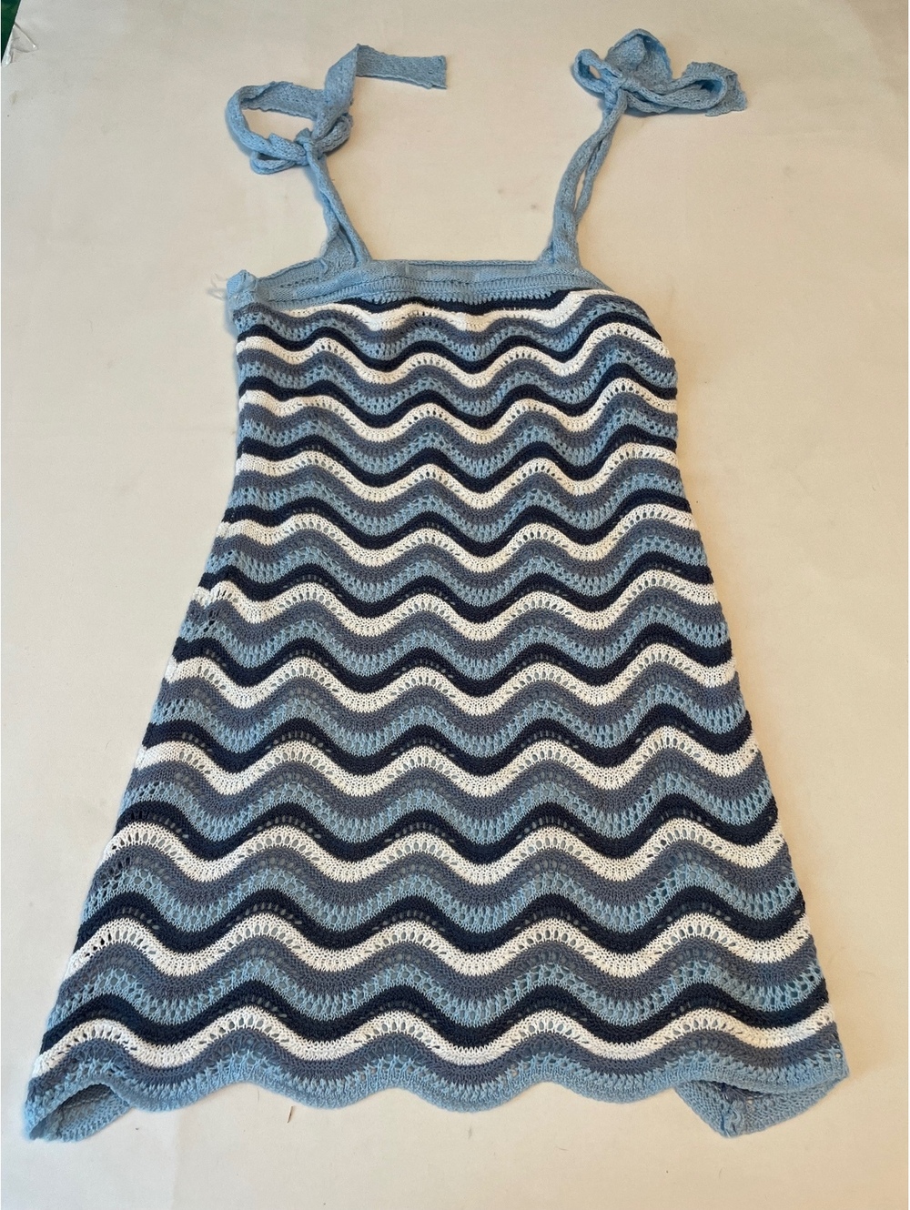 With Love Crochet Knit Wave Pattern Sundress in Blue and White, Size XL